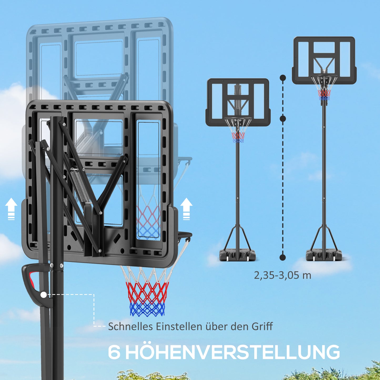 Basketbalstandaard – Basketbalring – Basketbaldoel – Basketbalpaal – Basketbalnet – Verstelbare Hoogte 235-305 CM – Vulbare Voet Met Wielen Zwart