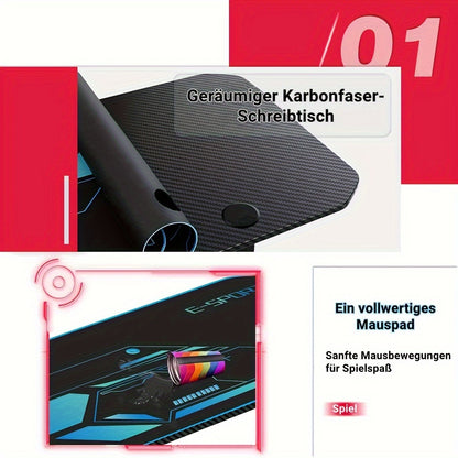 Gaming Bureau – Gamer Bureau – Computerbureau – Bureau Voor Thuiswerken – Studiebureau – Extra Ruim 160x75x75 cm – Inclusief Volledige Muismat & Bekerhouder Zwart Blauw