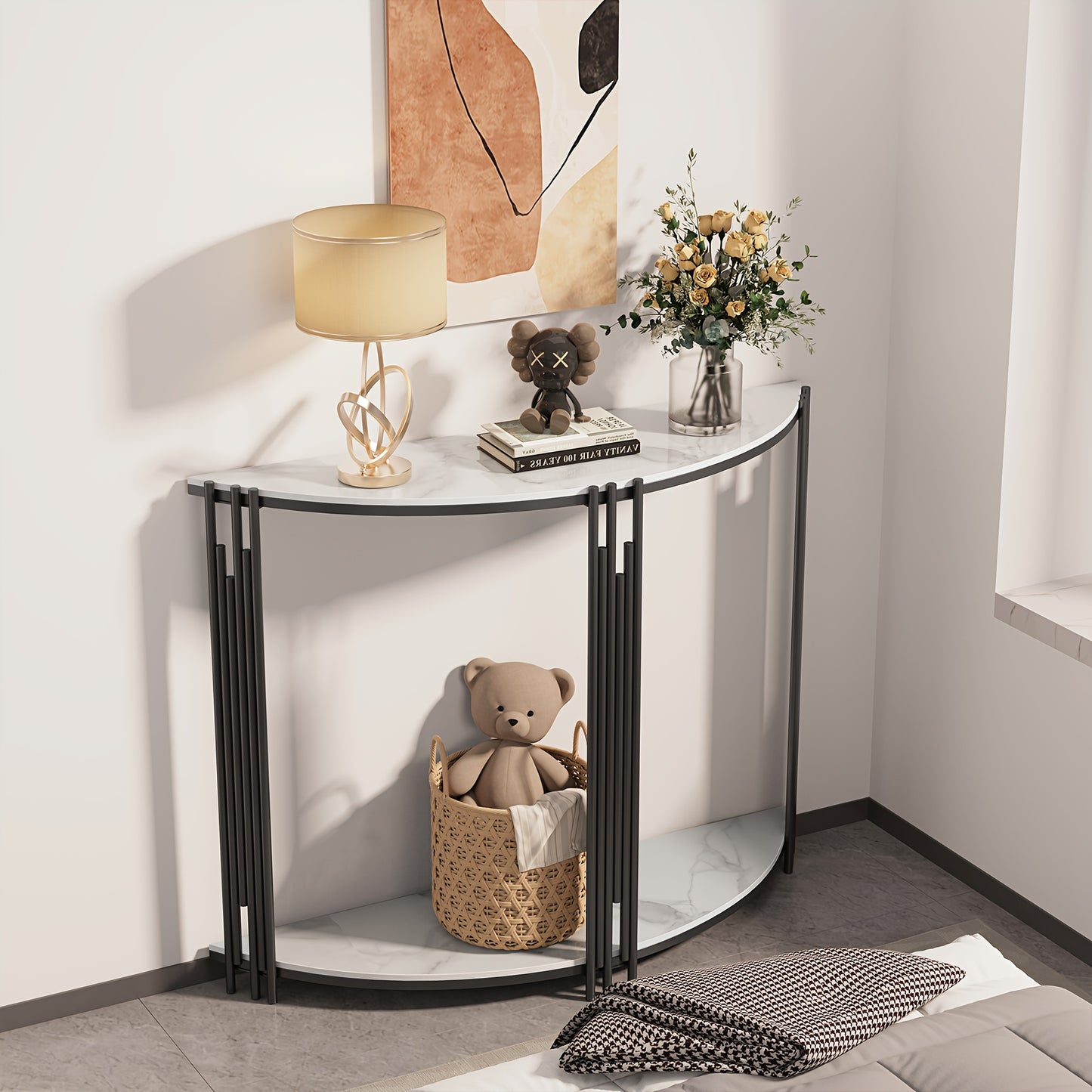 Sidetable – Haltafel – Sofa Tafel – Bijzettafel – Accenttafel – Halfrond Design – Gelaagd Met Sintersteen – 100x30x78 cm – Modern Minimalistisch – Zwart Metaal Frame