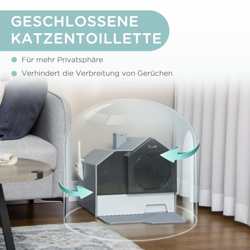 kattenbak automatisch – zelfreinigende kattenbak – elektrische kattenbak – slimme kattentoilet – automatische kattenbak met app – geurfilter ventilatiesysteem – duurzaam kunststof – modern grijs design