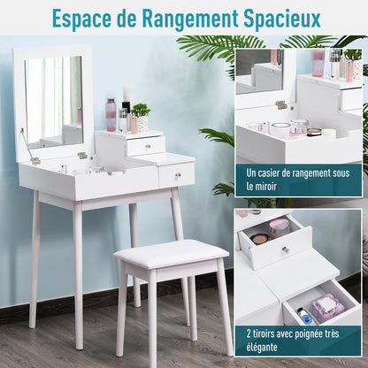 Make-uptafel – Make-uptafel – Kaptafel – Schminktisch – Toillet tafel – Wit MDF – Inklapbare Spiegel – Inclusief Krukje – Opbergruimte