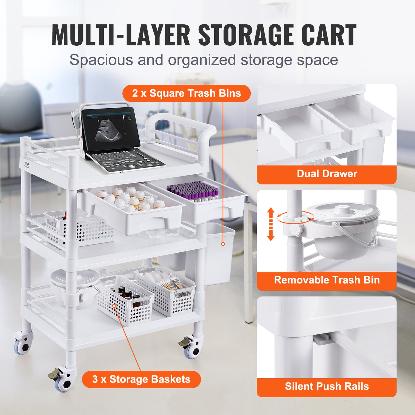 Medische Trolley – Mobiele Werkkar – Opslagwagen – Laboratoriumkar – Kliniektrolley – 3 Lagen Met 3 Afvalbakken – Duurzaam PP-Materiaal – 4 Stille Wielen