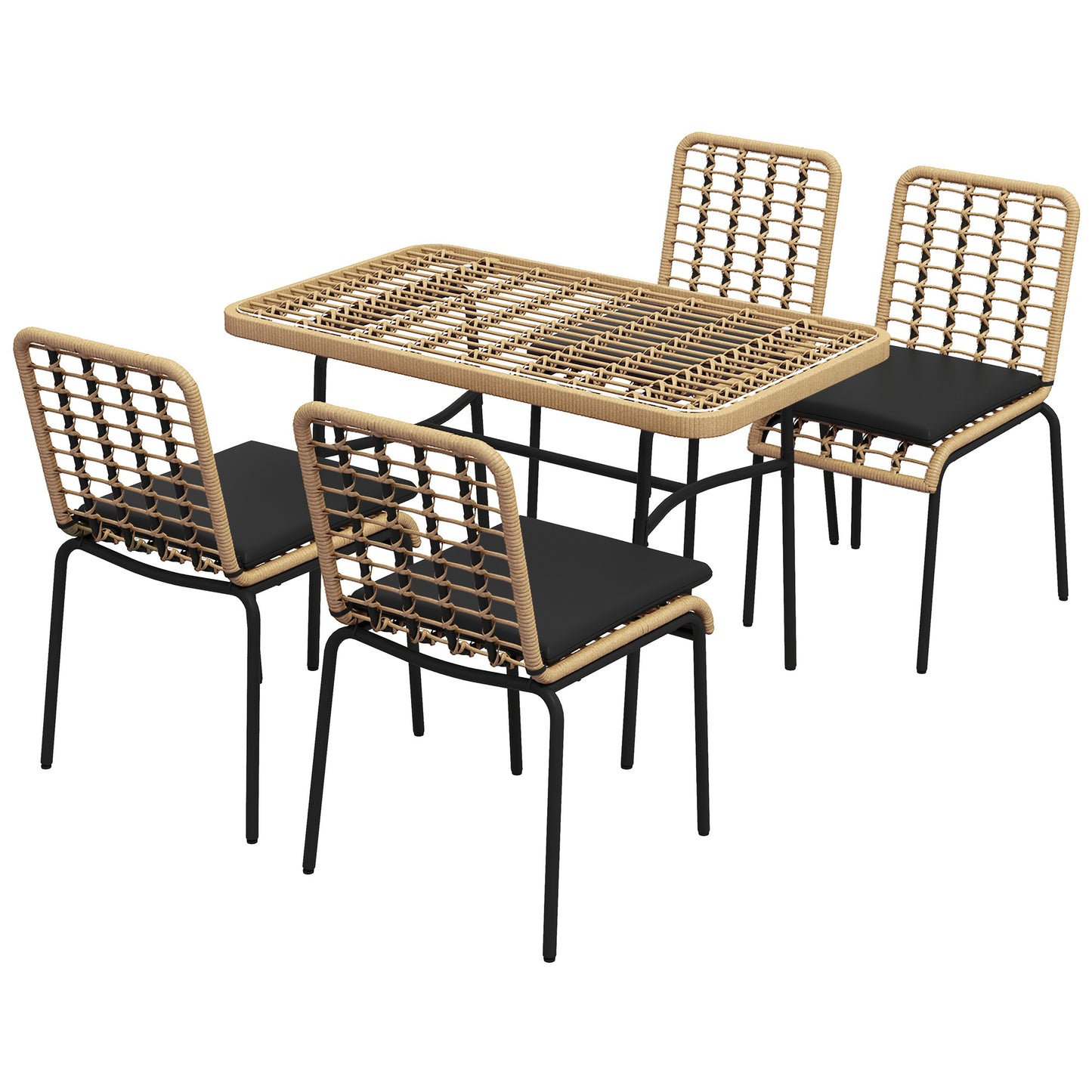 Tuinset 5-delig – Tuinmeubelset – Terrasset – Diningset – Balkonset – Zwart – Met Geharde Glas Tafel – Inclusief Zachte Kussens