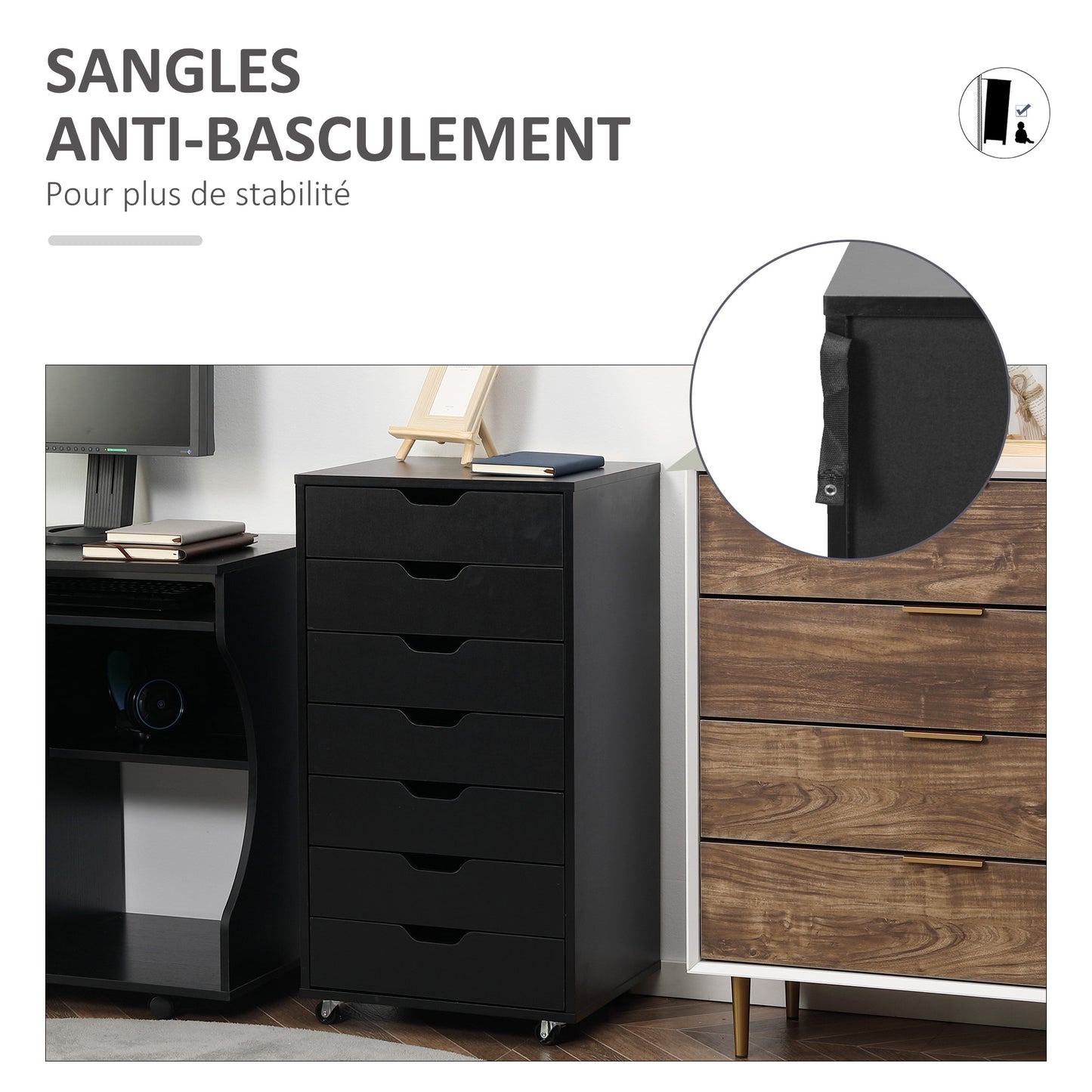 Mobiele Ladekast – Opbergkast – Bureaukast – Archiefkast – Ladenkast – 7 Laden – Stevig Houten Materiaal – Voorzien Van Wieltjes Met Remmen