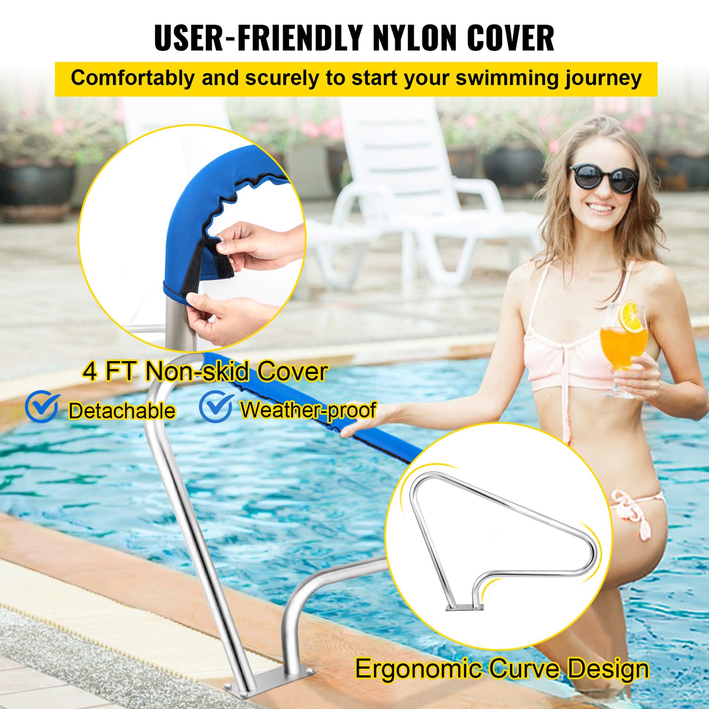 Poolleuning – Zwembadleuning – Zwembadbeugel – Zwembadhandgreep – Veiligheidshandgreep – 121,9x91,5 cm – Roestvrij Staal & Comfortabele Nylon Grip