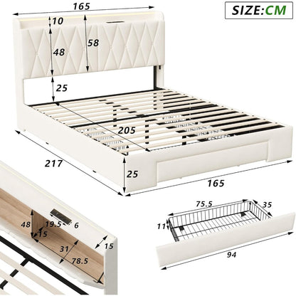 Tweepersoonsbed – Opbergbed – Boxspringbed – Slaapbank – Bedframe – Beige Gestoffeerd 160x200 cm – Met USB Oplaadfunctie en Instelbare LED-lichtstrip