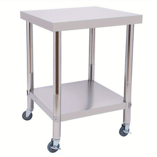 RVS Werktafel – Roestvrijstalen Werkbank – Keukentafel – Werkblad – Mobiele Tafel – 60x60 cm – 2 Niveaus – Max 300 kg Draagvermogen - QUORE