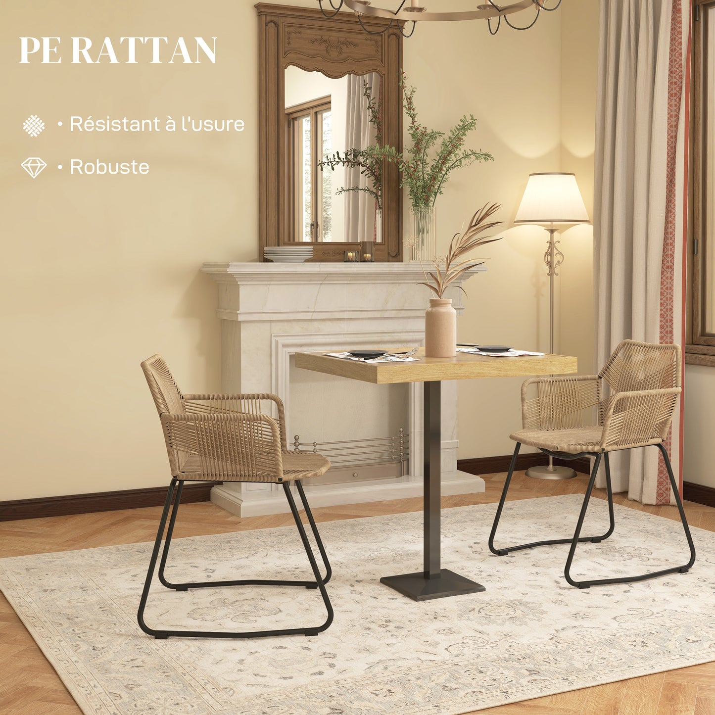 Eetkamerstoel – Keukenstoel – Rattanstoel – Bistrostoel – Stoel Met Stalen Onderstel – Bohemian Vintage Industrieel Design – Gevlochten Touw Zitting – Antislip Poten – 56x59x74 cm – Set Van 2