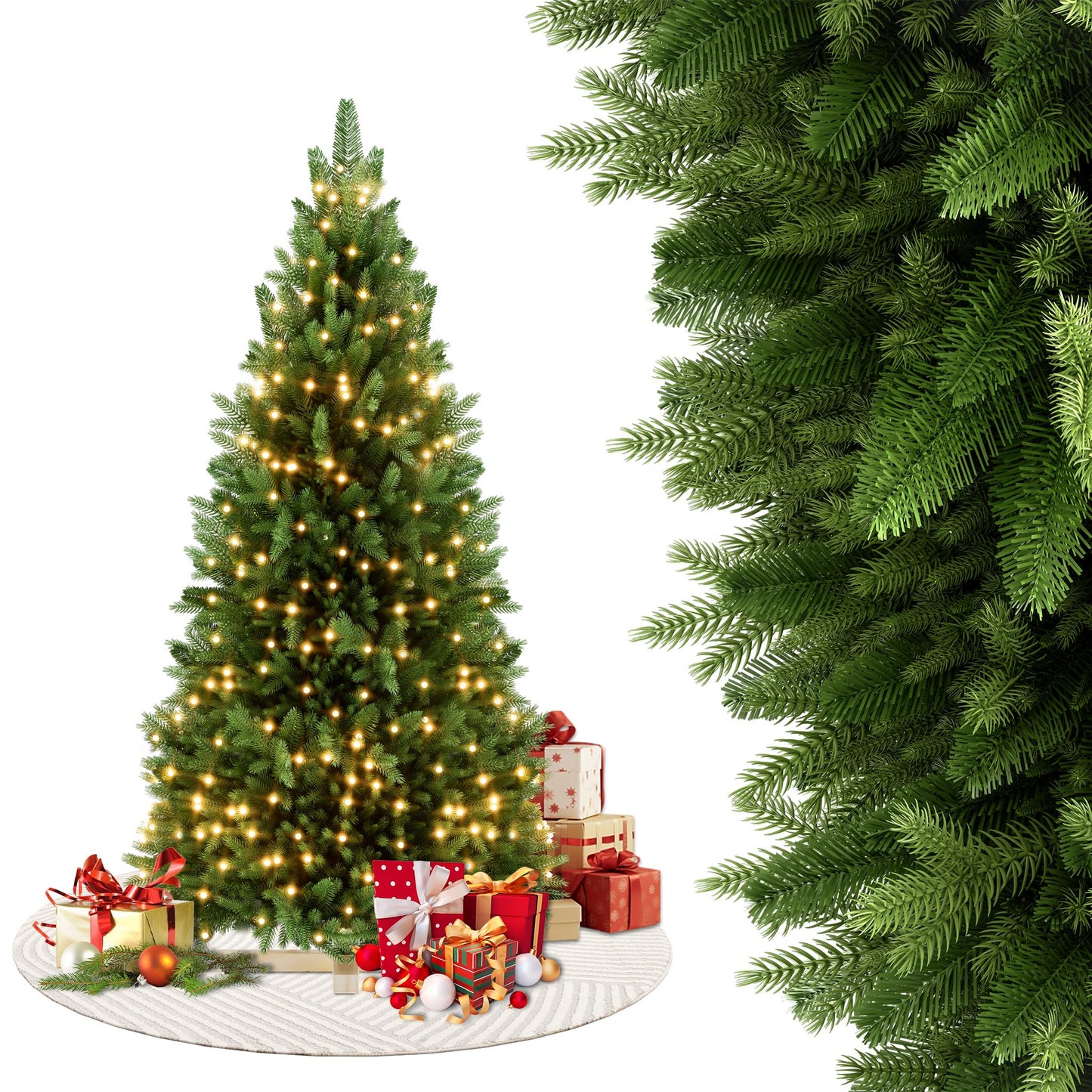 Kunstkerstboom – Kunstboom – Kerstboom – Decoratieve Kerstboom – Sfeerverlichting – 225 cm – Realistische PVC & PE Naalden – Inclusief LED Verlichting en Standaard