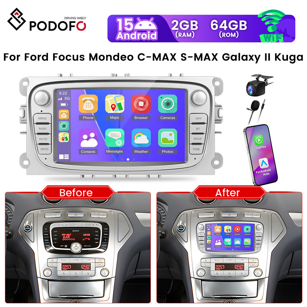 Android 15 Autoradio – Multimedia Systeem – Navigatie – Bluetooth Radio – Touchscreen Radio – 7 Inch HD Scherm – Draadloze CarPlay & Android Auto – Inclusief AHD Achteruitrijcamera & Microfoon