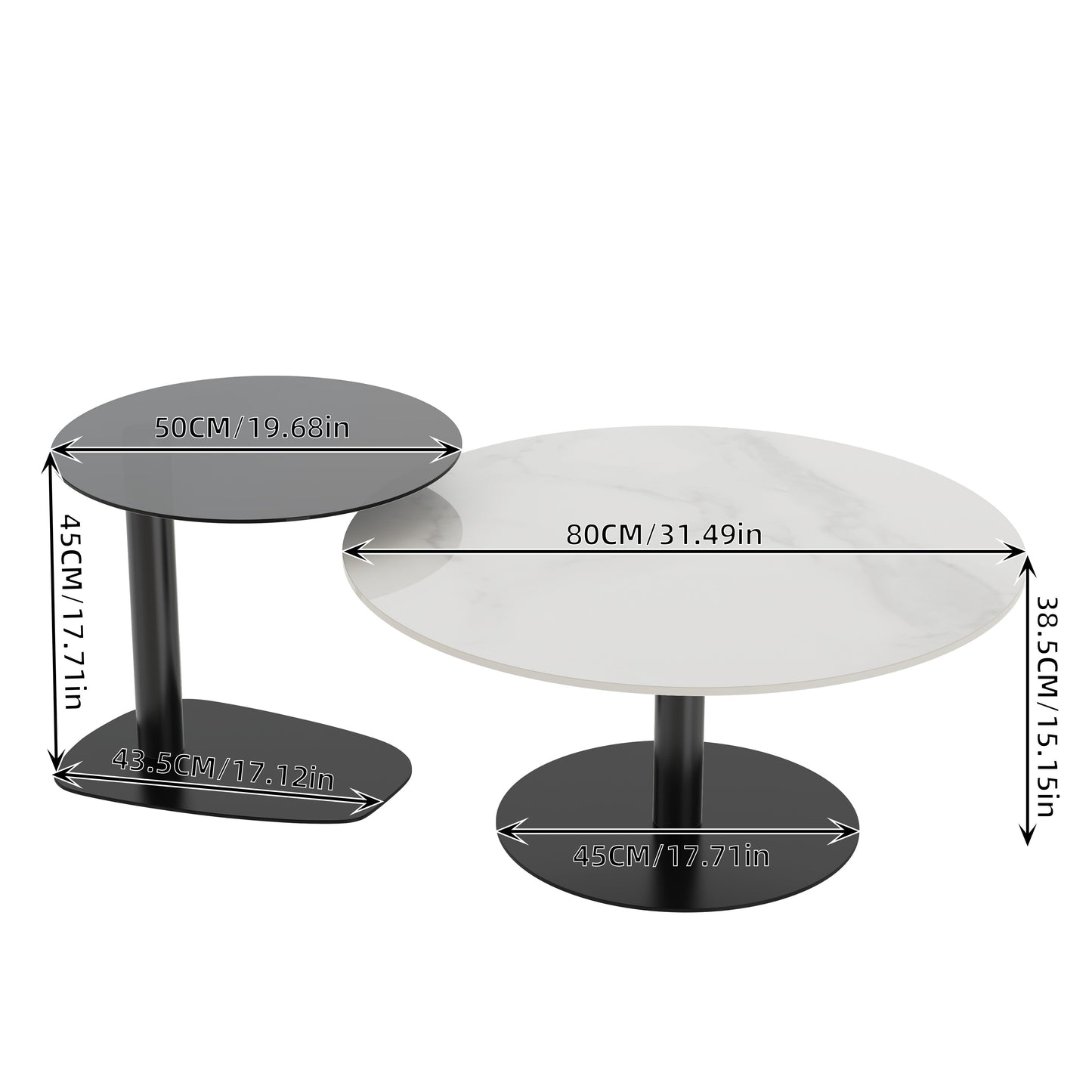 Ronde Salontafel Set – Bijzettafel – Nestbare Tafels – Koffietafel – Woonkamer Tafel – Wit Sintered Stone & Grijs Glas – Zwart Metalen Frame – Krasbestendig & Compact