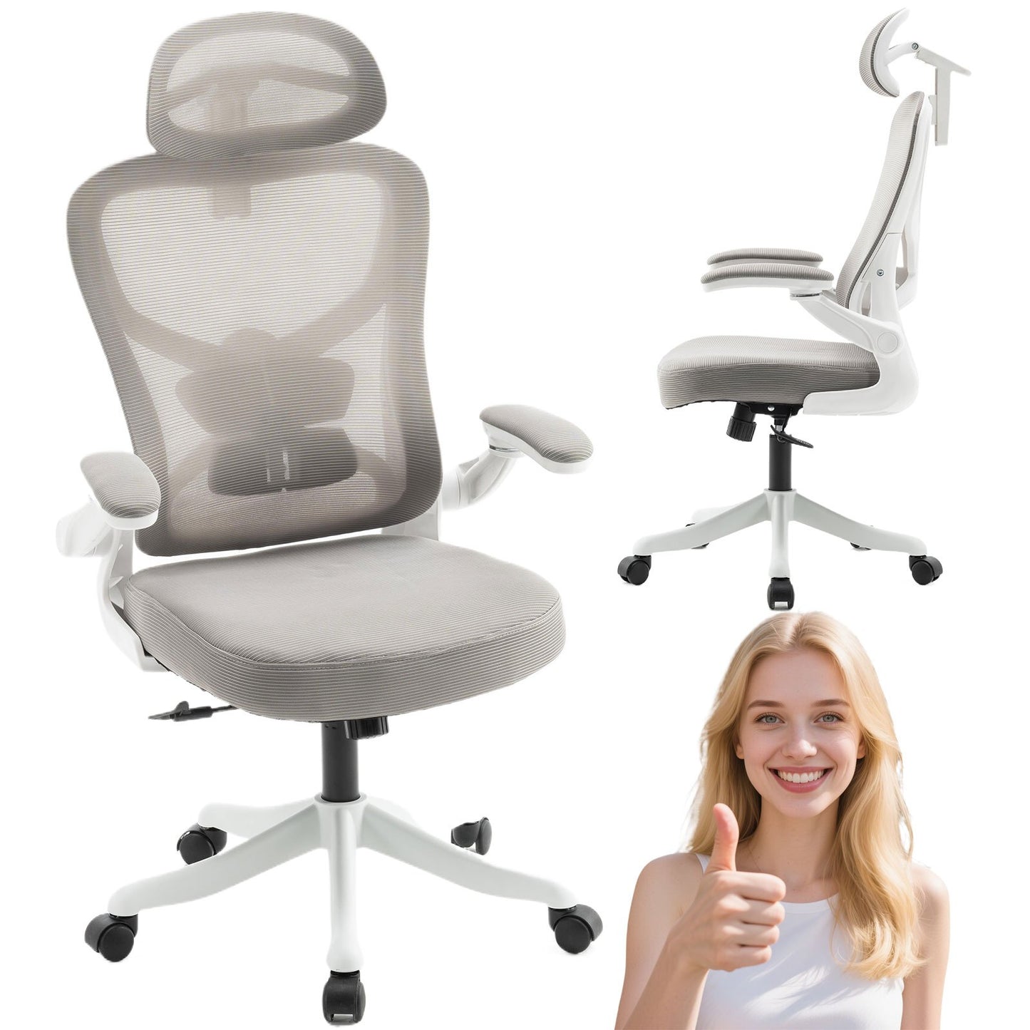 Bureaustoel – Kantoorstoel – Office Chair – Draaistoel – Bureaustoelen – Verstelbare Lendensteun – Memoryfoam Zitting – 360° Draaibaar – 90° Opklapbare Armleuningen – Met Hoofdsteun – Wit/Grijs