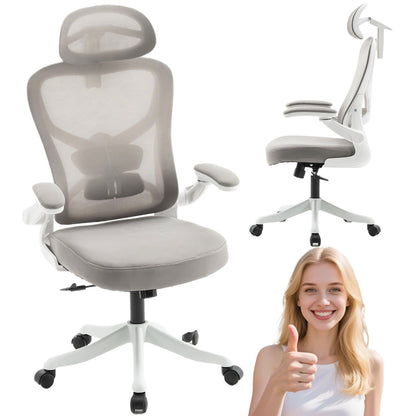 Bureaustoel – Kantoorstoel – Office Chair – Draaistoel – Bureaustoelen – Verstelbare Lendensteun – Memoryfoam Zitting – 360° Draaibaar – 90° Opklapbare Armleuningen – Met Hoofdsteun – Wit/Grijs