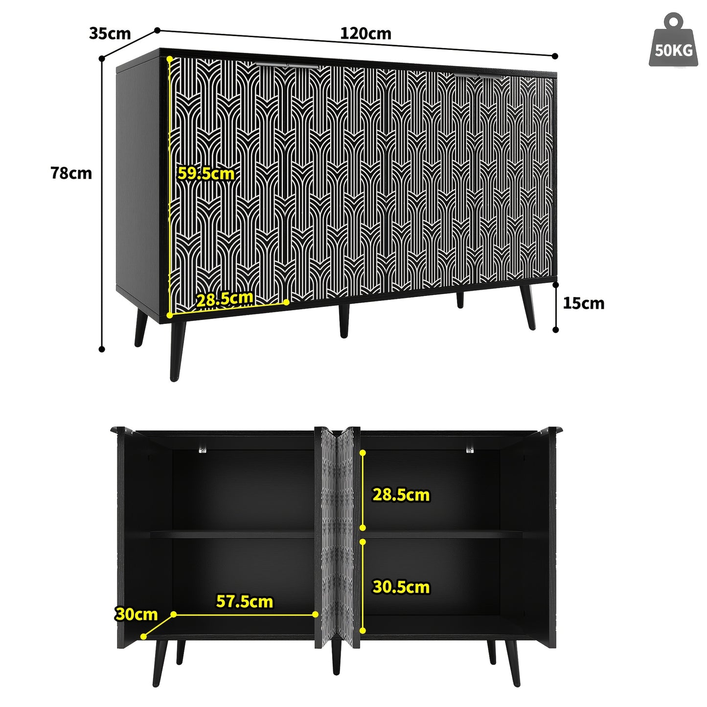 Modern Large Herringbone Storage Cabinet with Black & White Carved Doors - Freestanding Metal Frame (120x35x78cm) - White & Black Contemporary Furniture, Anti-Tip Design, Easy Assembly for Dining Room, Living Room, Bedroom -