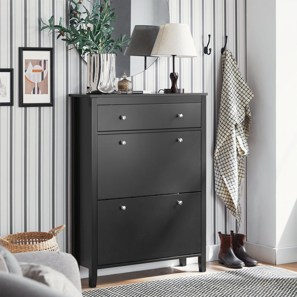 Schoenenkast – Schoenenopberger – Schoenenrek – Schoenenkastje – Schoenenmeubel – 2 Deuren – Grote Lade – Smal Design – Zwart Hout