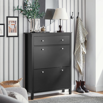 Schoenenkast – Schoenenopberger – Schoenenrek – Schoenenkastje – Schoenenmeubel – 2 Deuren – Grote Lade – Smal Design – Zwart Hout