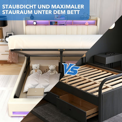 Linnen Bedframe – Tweepersoonsbed – Opbergbed – Slaapkamerbed – Ottoman Bed – 140x200 cm – Hydraulische Lift – USB LED Hoofdbord Verlichting