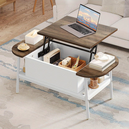 Salontafel – Koffietafel – Woonkamertafel – Verstelbare Tafel – Ovale Tafel – Verstelbare Hoogte – Verborgen Opbergruimte – Wit Hout – 100x50x42 cm