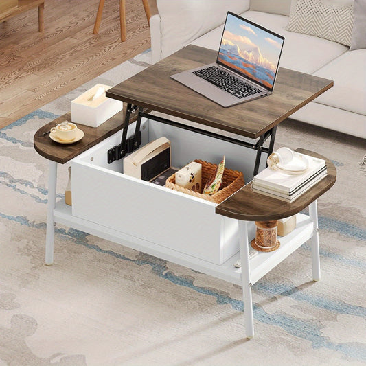 Salontafel – Koffietafel – Woonkamertafel – Verstelbare Tafel – Ovale Tafel – Verstelbare Hoogte – Verborgen Opbergruimte – Wit Hout – 100x50x42 cm