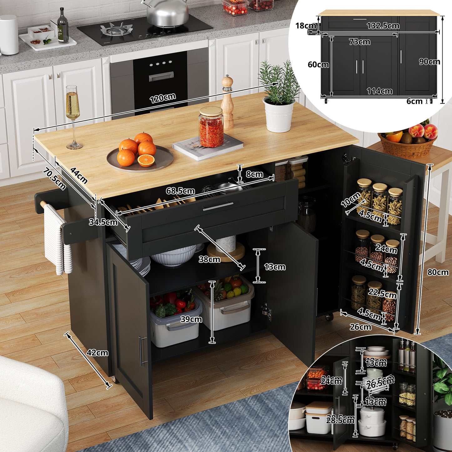 Keukentrolley – Keukenwagen – Serveerwagen – Keukenrek – Mobiele Keukentrolley – Uitschuifbaar Werkblad – 132,5x44-70x90 cm – Hout Met Eikenlook