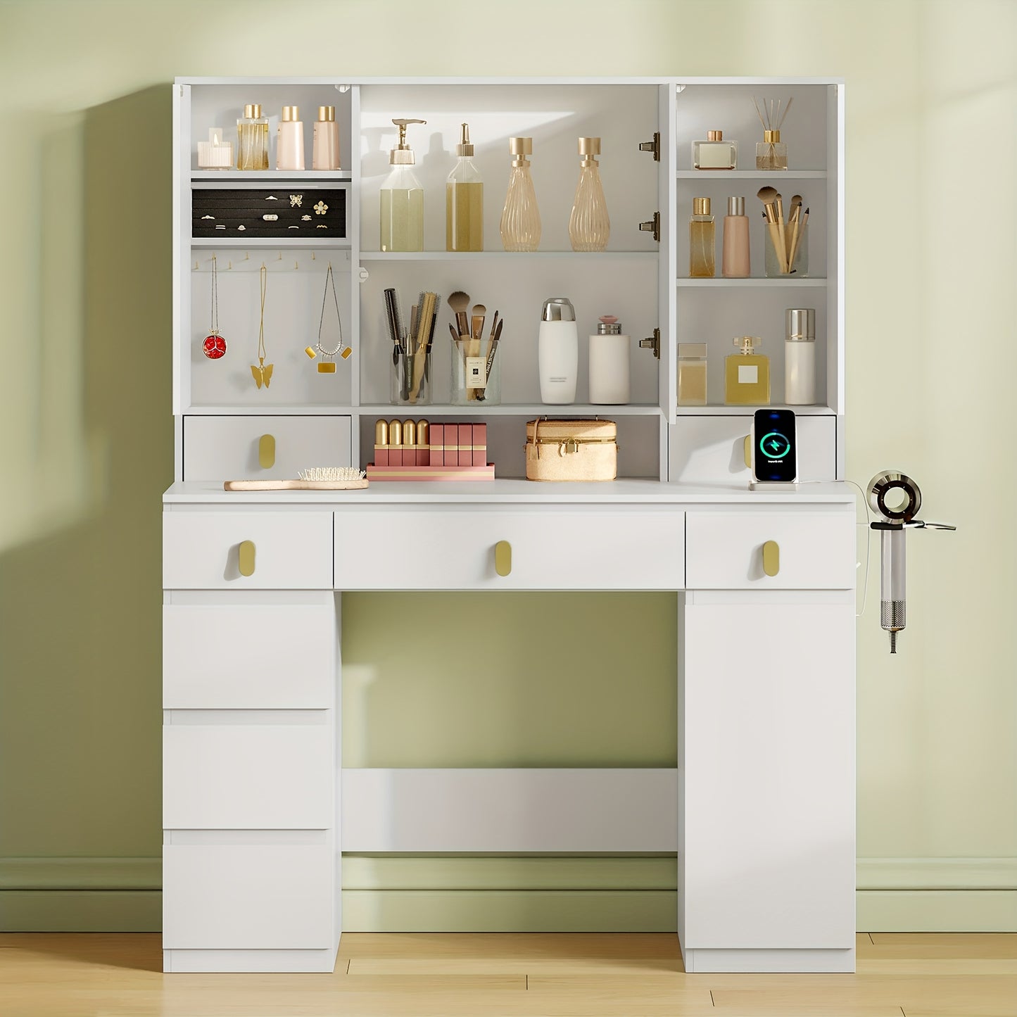 Make-up Tafel – Kaptafel – Schminktisch – Vanity – Make-uptafel – Grote Spiegel – Instelbare LED Verlichting – 8 Laden & Opbergruimte – Wit