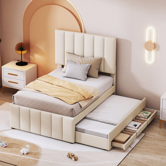 Eenpersoonsbed – Bed – Jeugdbed – Logeerbed – Slaapbank – Vintage Beige Gestoffeerd – 90x200 cm – Ingebouwde Opberglade Met Wieltjes