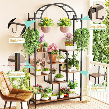 7-Tier Tall Indoor Plant Stand Corner Shelf with Hanging Hooks, Arched Metal Multi-Purpose Display Rack for Bonsai Pots and Plants, Classic Black Finish for Living Room or Balcony, Plant Hanger, Unho