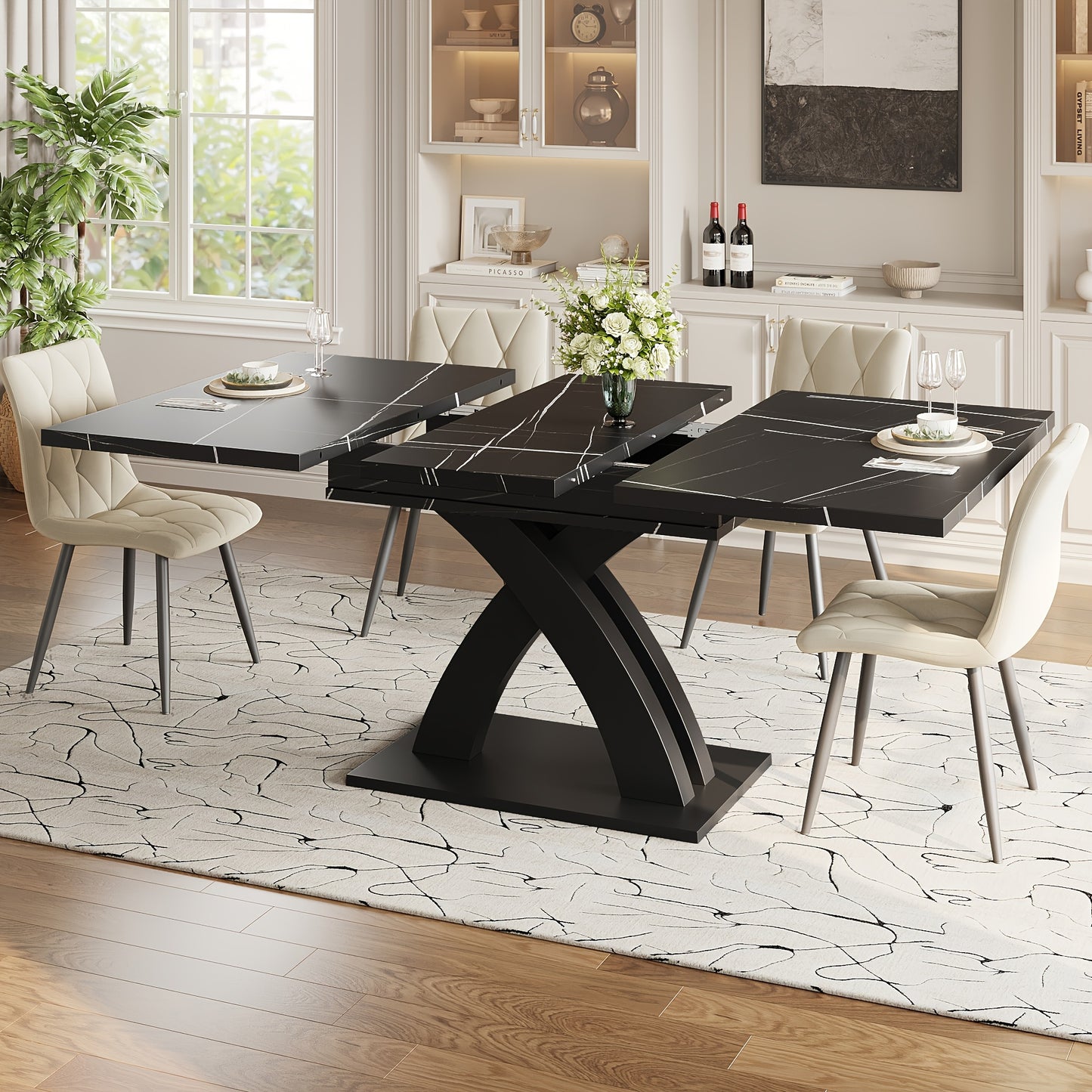 Uitbreidbare Eettafel – Uitschuifbare Tafel – Tafel Marmerlook – Eetkamertafel – Keukentafel – Zwart Met Marmerlook – Uitbreidbaar Tot 160 Cm – Geschikt Voor 4-6 Personen