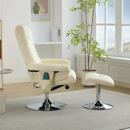 Modern White Beige Reclining Swivel Chair and Footstool Set with 360° Rotating Mechanism, Manual Recliner Sofa with Stool for Living Room, Bedroom - Easy Assembly, Durable Comfortable Lounge Chair with Sturdy Footrest, Space