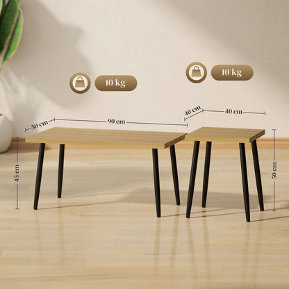 Koffietafelset – Salontafel – Bijzettafel – Woonkamertafel – Sofa Tafel – 2-delig – Metalen Frame & Natuurlijk Houten Blad