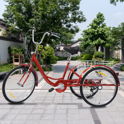 Driewieler – Volwassen Driewieler – Driewieler Fiets – Driewieler Voor Volwassenen – Rode Driewieler – 6 Versnellingen – 24 Inch Met Winkelmand