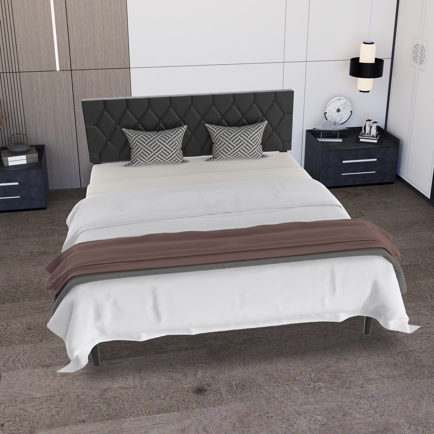 Upholstered Bed Frame Upholstered Bed with Headboard and Slatted Frame Bed Metal Platform Bed Frame Mattress Foundation, Leather, Beige/Black