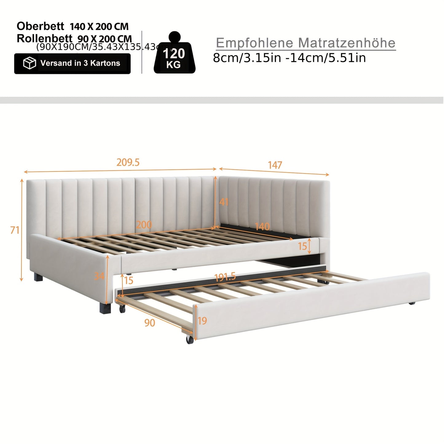 Bedbank – Slaapbank – Slaapstoel – Futon – Logeerbed – Modern Fluwelen Beige – Uitschuifbaar 140x200 cm – Massief Houten Frame Met Lattenbodem