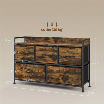 Ladekast – Ladenkast – Commode – Opbergkast – Dressoir – 5 Stoffen Lades – Robuust Stalen Frame – Industrieel Design – Compact 98x29x63 cm