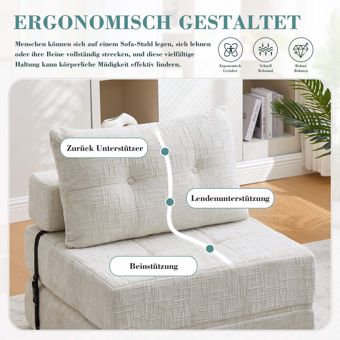 Inklapbare Slaapbank – Slaapbankje – Slaapbank Opklapbaar – Slaapbank Met Kussen – Vouwmatras Met Rugleuning – Beige Chenille Stof – Hoge Dichtheid Schuim