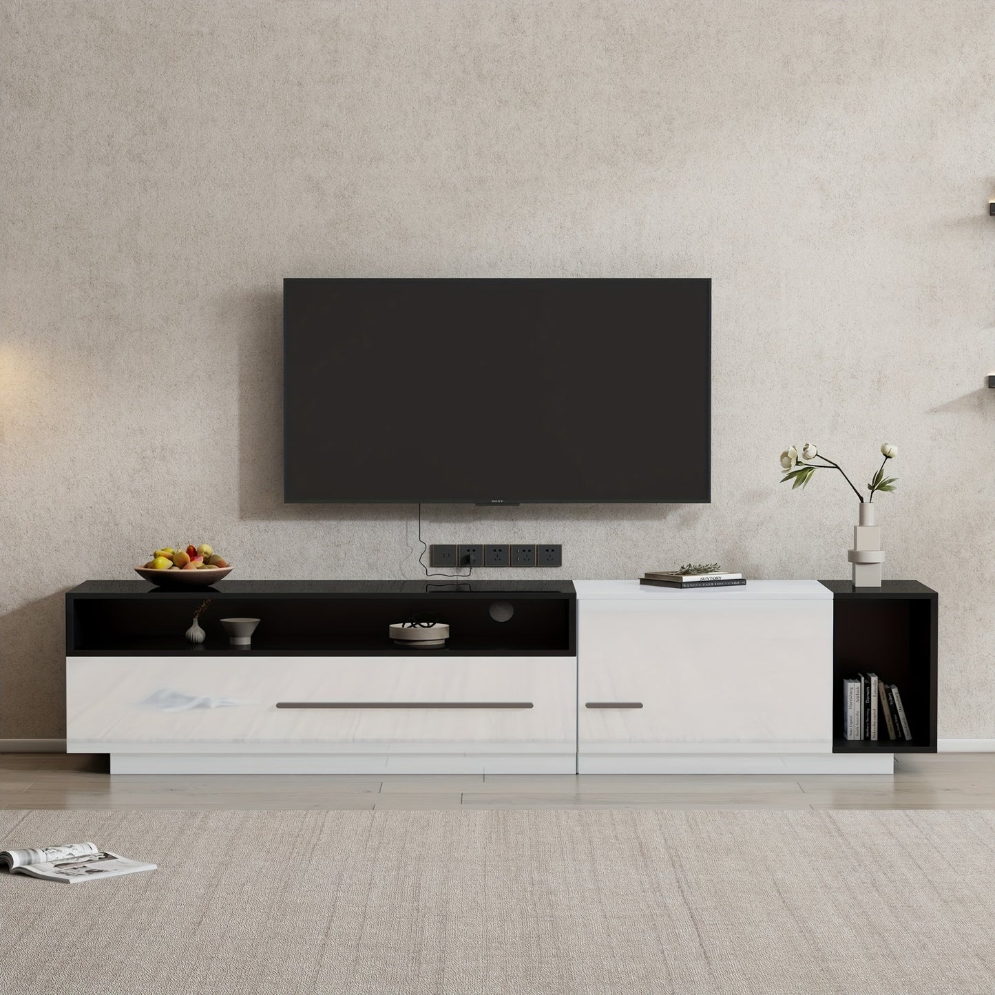 TV Meubel – Hoogglans TV Kast – Lowboard – TV Dressoir – Tv Kastje – Licht Wit + Zwart – 170 Cm Breed – Geschikt Voor TV Tot 70 Inch