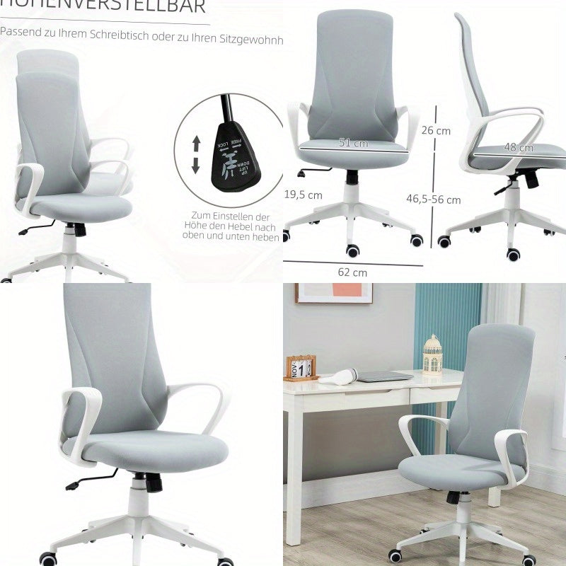 Ergonomische Bureaustoel – Bureaustoel Werkstoel – Draaistoel – Computerstoel – Thuiswerkstoel – Verstelbare Hoogte – Rockerfunctie – Lichtgrijze Stof – Roestvrijstalen Frame – 360° Draaibare Zitting