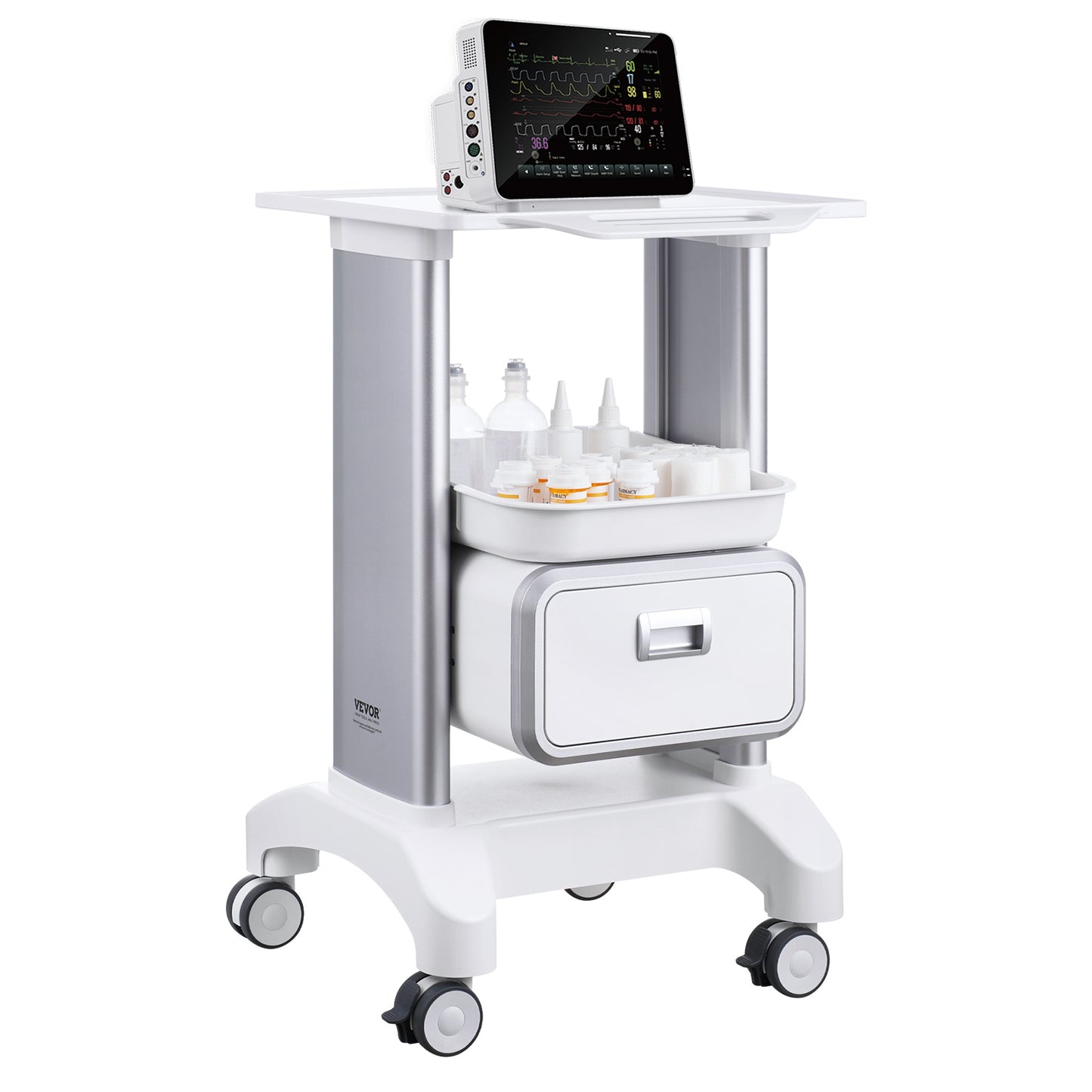 Medische Trolley – Behandelwagen – Lab Trolley – Opbergwagen – Verrijdbare Wagen – Hoogwaardig ABS Materiaal – 2 Niveaus Met Lade – 4 Stille Wielen – Wit
