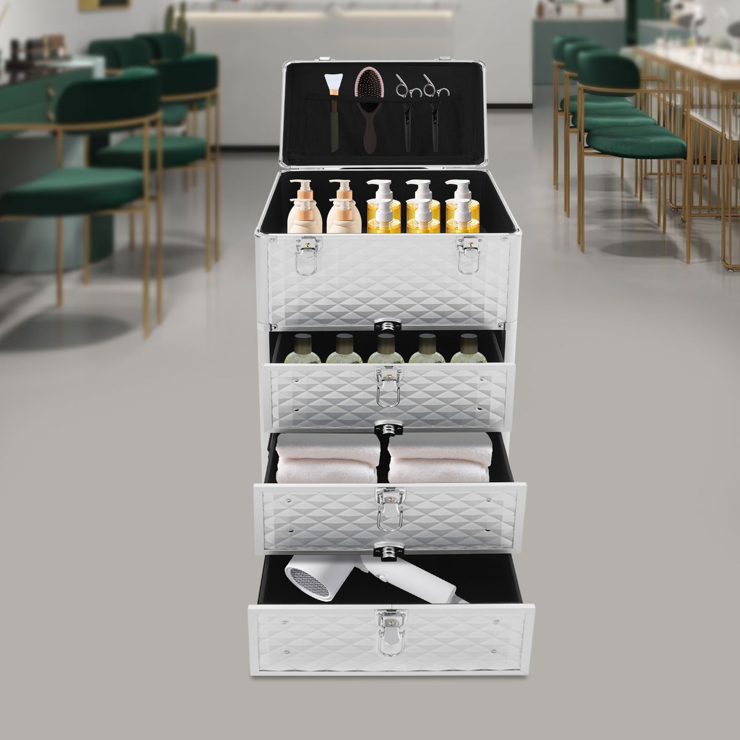 Make-up Koffer – Make-up Organizer – Beauty Koffer – Rolling Case – Salon Trolley – Aluminiumlegering & Duurzaam – 3 Laden & Wieltjes