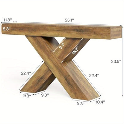 55-Inch Industrial Rustic Console Table - X-Shaped Narrow Entryway Table with Engineered Wood Top, Freestanding Sofa Table for Living Room, Foyer, Hallway - Easy Assembly, No Power Needed, Rustic Brown Finish, Console Table f