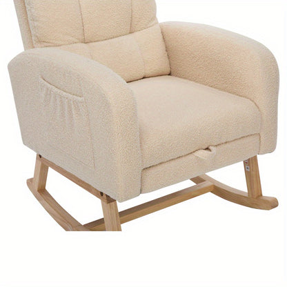 Schommelstoel – Relaxstoel – Fauteuil – Voedingsstoel – Loungestoel – Teddy Stof Bekleding – Stevig Houten Frame – 132x50x99 cm – Beige