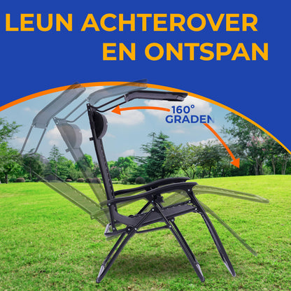 Verstelbare Tuinstoel – Loungestoel – Ligstoel – Balkonstoel – Strandstoel – Set Van 2 – Inklapbaar Met Zonwering – Afneembare Kussens En Bekerhouders – Zwart