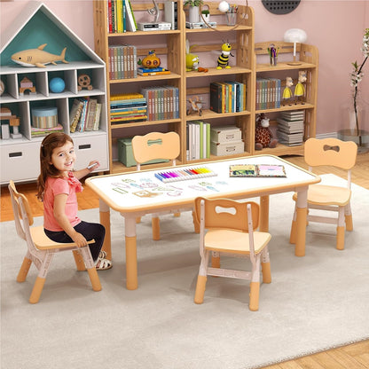 Kinder Tafel – Kindertafel – Speeltafel – Tafel Met Stoelen – Kinderstoel Set – Verstelbare Hoogte – Groot Graffiti Tafelblad 120x60 cm – Natuurlijk Houtkleur