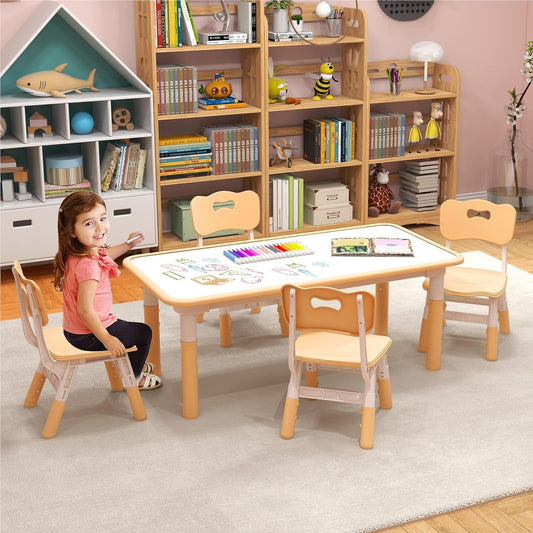 Kinder Tafel – Kindertafel – Speeltafel – Tafel Met Stoelen – Kinderstoel Set – Verstelbare Hoogte – Groot Graffiti Tafelblad 120x60 cm – Natuurlijk Houtkleur