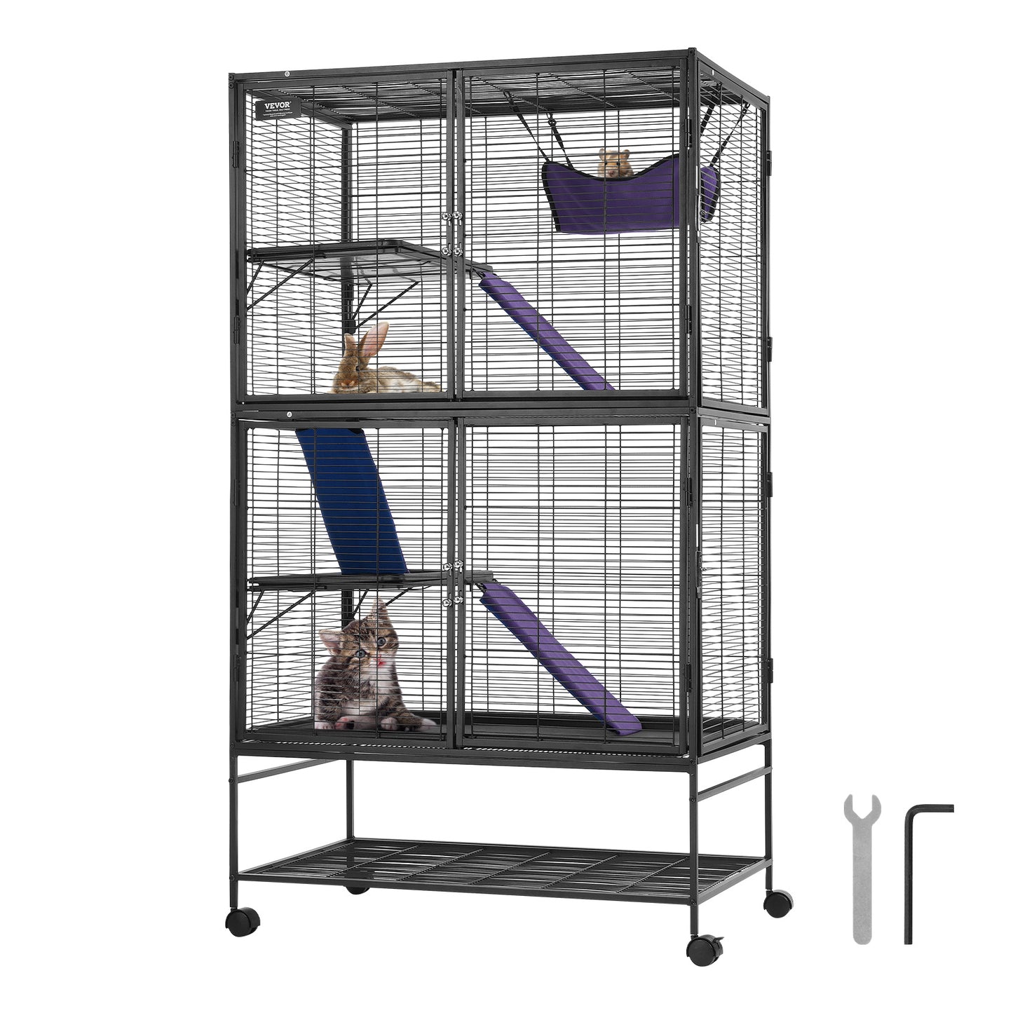 Dierenkooi Voor Kleine Huisdieren – Frettenkooi – Knaagdierkooi – Chinchillakooi – Caviakooi – Ruim 92x58x164 cm – Met 4 Platforms En Mobiele Wielen