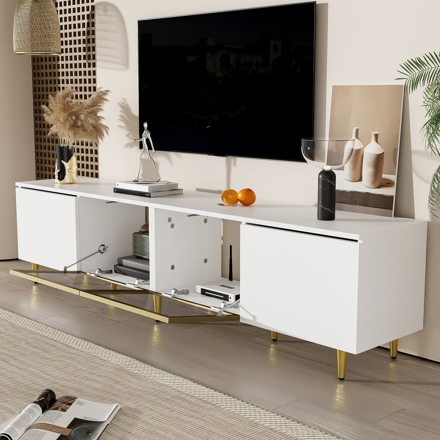 170 cm TV Cabinet – White Minimalist Style, Standing and Wall Mounting, 4 Doors (2 Glass Doors), Versatile Mounting Options, Perfect for Living Room