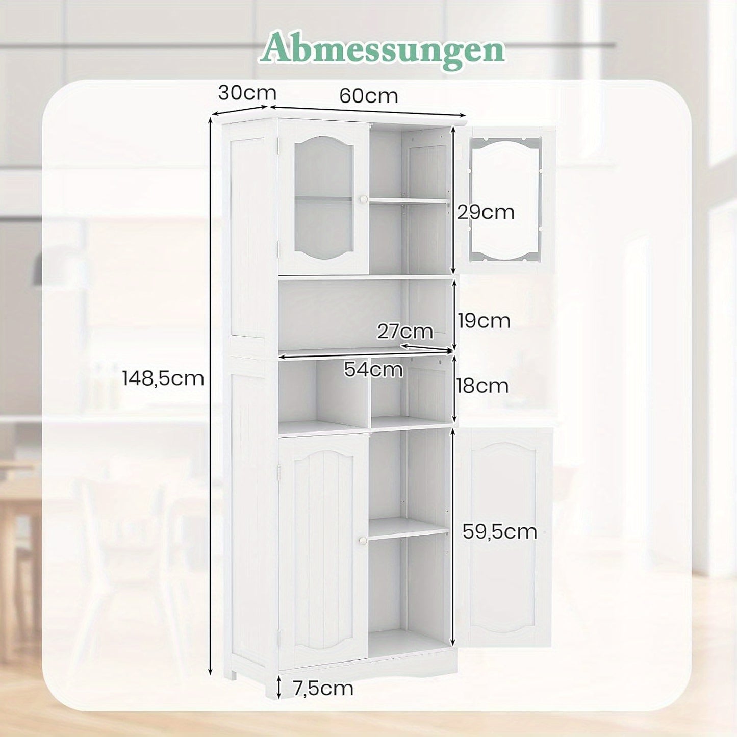 Bergkast Badkamer – Opbergkast – Kast Met Deuren – Smalle Kast – Hoge Kast – Getemperd Glas Deuren – Verstelbare Planken – Wit – 60x30x148,5 cm