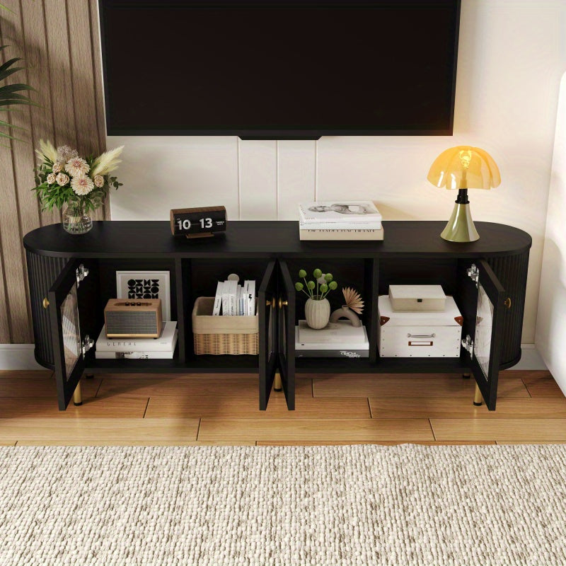 Tv-meubel – Lowboard – TV-kast – Media meubel – TV-dressoir – Zwart MDF met glazen deuren – Gouden handgrepen en poten – Ruime opbergruimte – Afgeronde hoeken