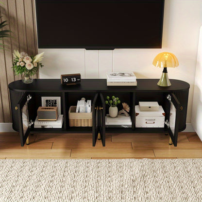 Tv-meubel – Lowboard – TV-kast – Media meubel – TV-dressoir – Zwart MDF met glazen deuren – Gouden handgrepen en poten – Ruime opbergruimte – Afgeronde hoeken