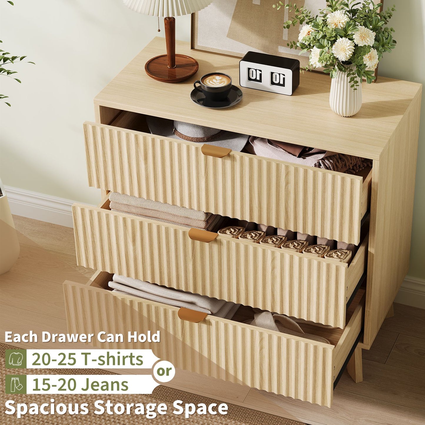 Modern Oak Wood Dresser with 3-Drawer Storage - Natural Oak Finish & Metal Handles, Tall Cabinet Suitable for Bedroom, Living Room, Hallway - Assembly Required, Furniture